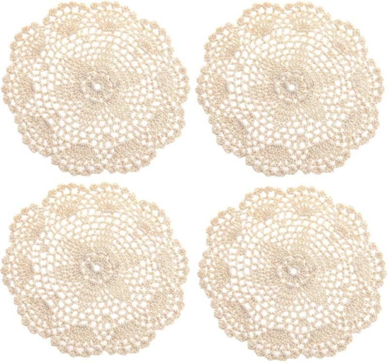 مجموعة قواعد أكواب دائرية من إييي، 4 قطع، مصنوعة يدوياً من الكروشيه، مفارش صغيرة من القطن، دانتيل، مفارش طاولة مجوفة، 8 بوصة (بيج)